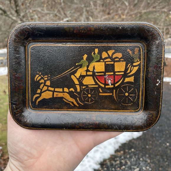 Vintage Hand Painted Toleware Rectangular Diminutive Tray Tip Snack Black Gold - Picture 10 of 16